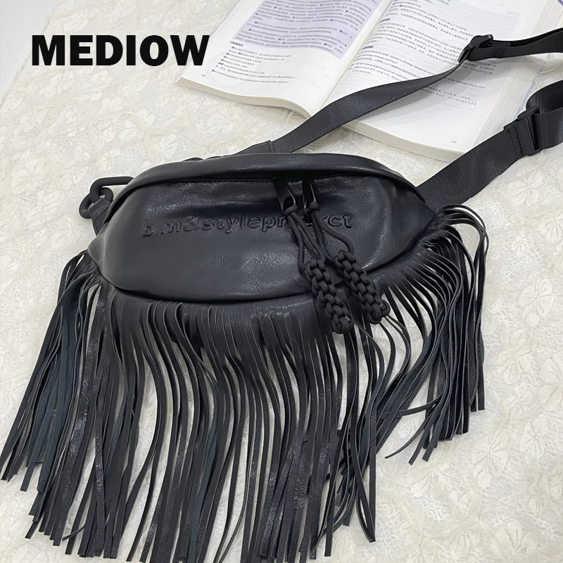 MEDIOW Korean Casual Sling Chest Bag For Womens Luxury Designer Handbag Purse 2023 New In PU Letters Tassel Fanny Pack Crossbody