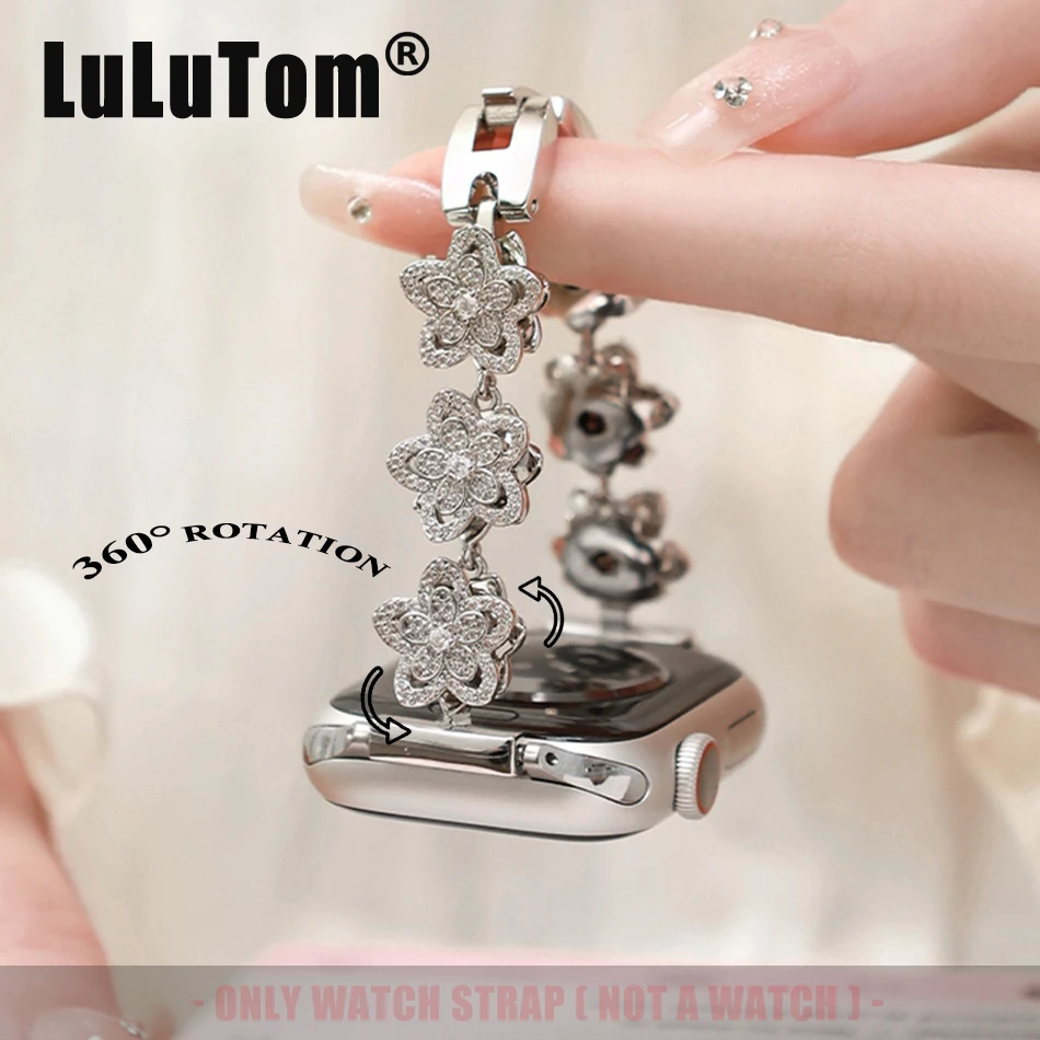 

Дизайнерский ремешок с бриллиантовым цветком для Apple iWatch Series 10, 9, 8, 7, 6 SE Ultra, ремешок для часов 38/40/41/42/44/45/46/49 мм, вращающиеся браслеты