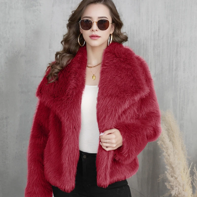 Fashion Autumn Winter Women's Fake Faux Fur Coat Turn Down Collar Outerwear Jackets Chic Thick Warm Overcoat Fluffy Streetwear