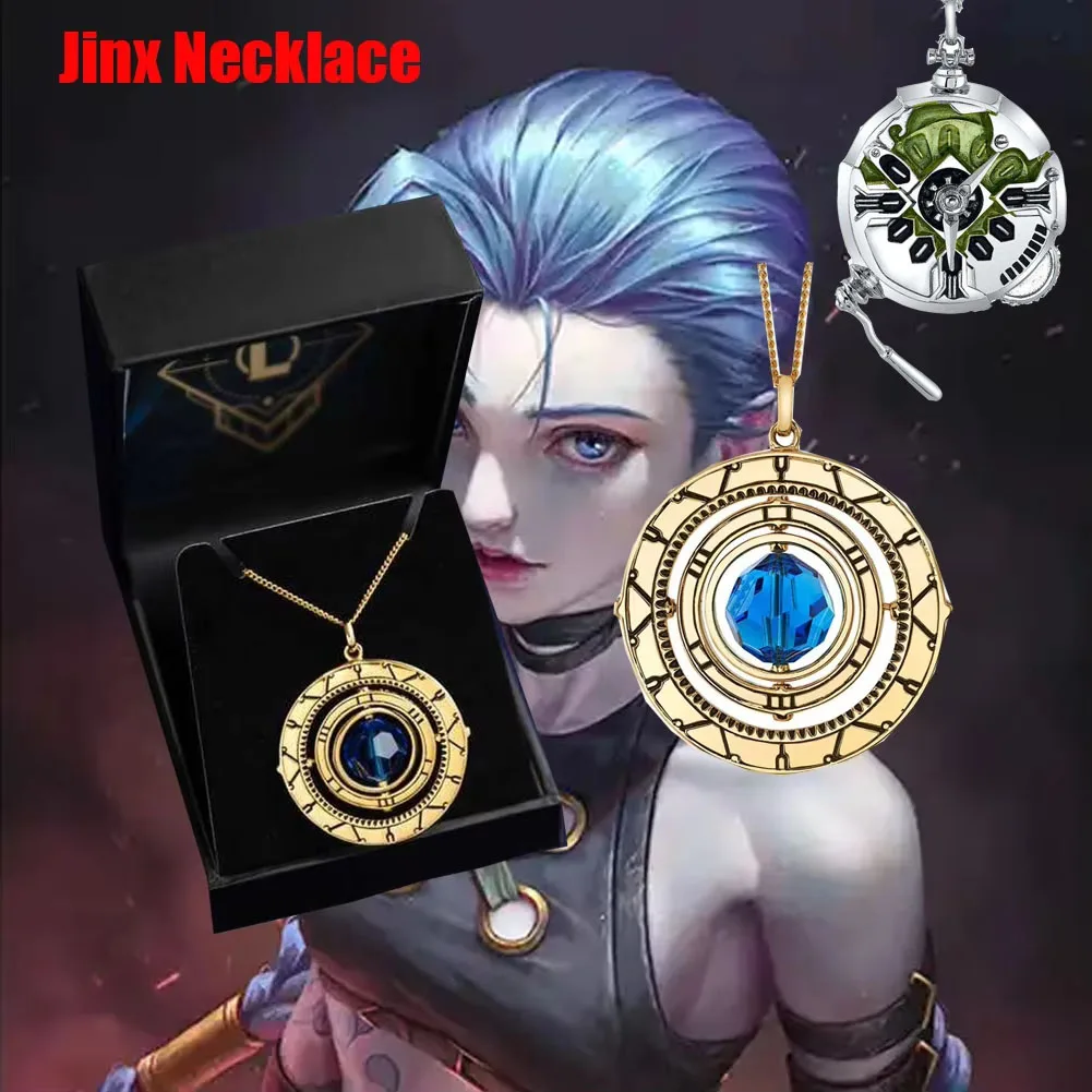 Jinx Arcane Necklace Cosplay Blue Hex Crystal Rotatable Pendant Necklace Game Lol Lovers Fans Roleplay Figure Gift