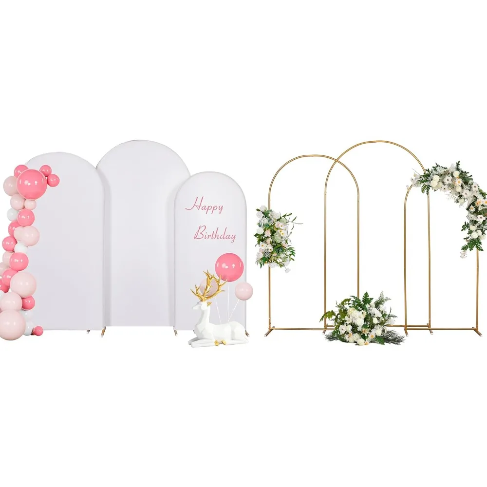 

3-Pieces 7.2FT/6.6FT/6FT Wedding Arch Backdrop Stand and Cover Set, Gold Metal Arch Frame Party Backdrops for Wedding .