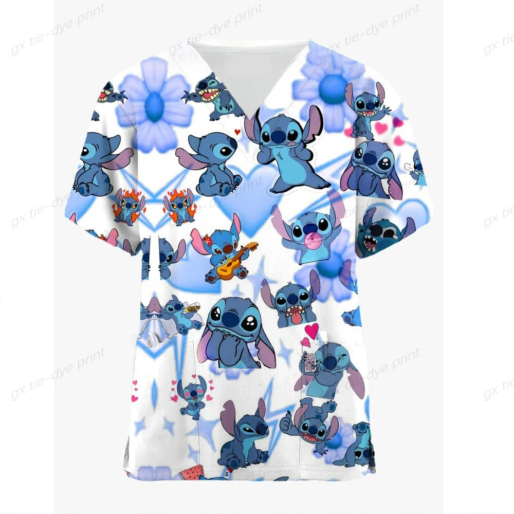 Disney Stitch Print Hospital Nursing Surgery Scrubs Tops Women Short Sleeved Dental Clinic Work Uniforms Blouse Doctor Clothes