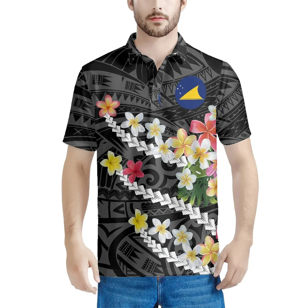 Summer Short Sleeve Polo Collar Shirts Men's Business Wear Polynesian Tribal Clothing Samoan Tokelau Islands Hibiscus Print Top