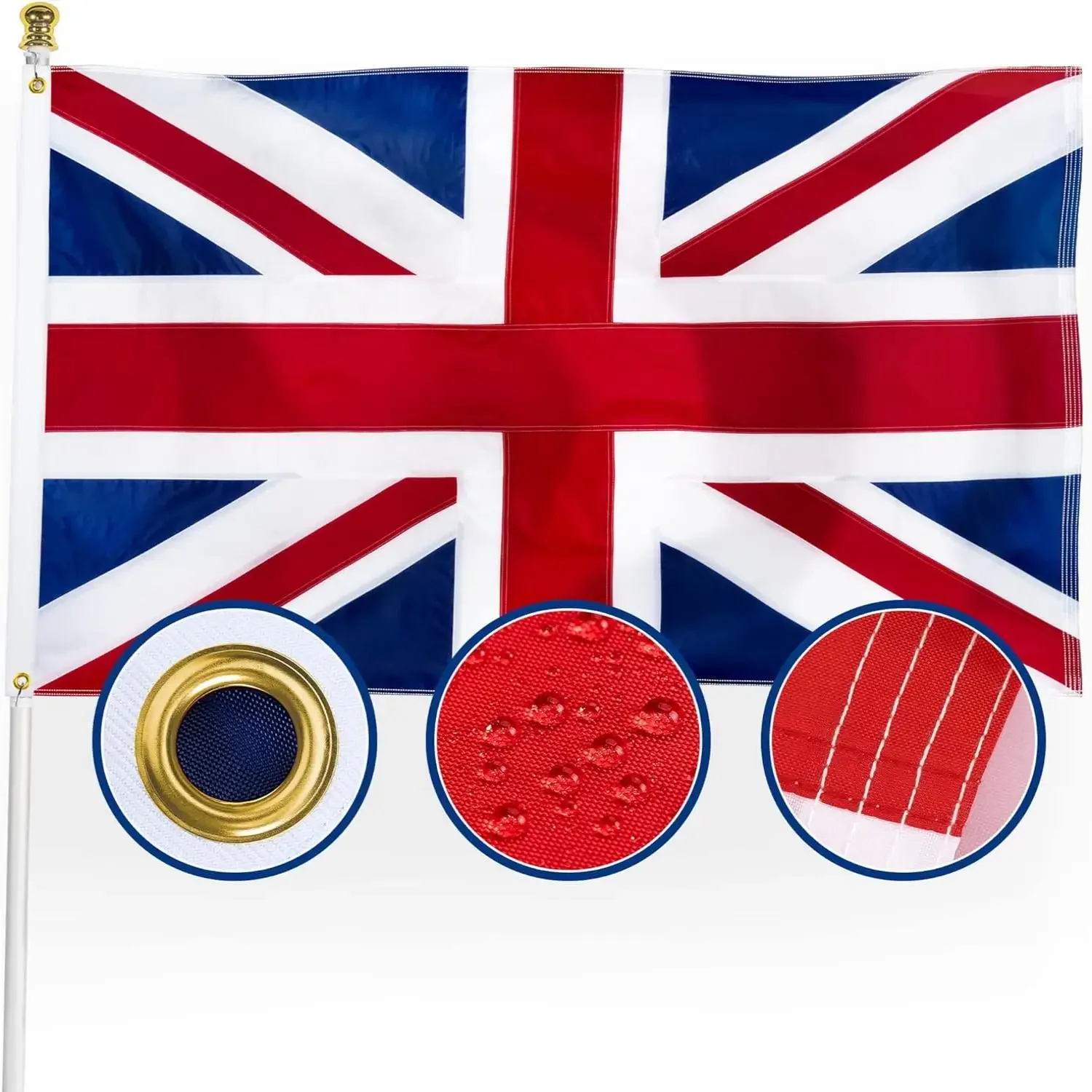 3X5FT UK United Kingdom British Flag Embroidered Sewn 4 Rows Lock Stitching Grommets Long Lasting Vibrant Color 210D Nylon