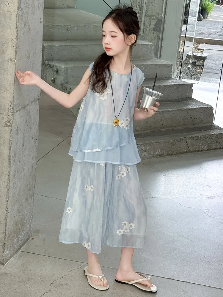 

Halter Tops Pants Set Spring and Summer New Korean Fashionable Loose Casual Embroidered Suspender Wide Leg Pants Two Piece Set