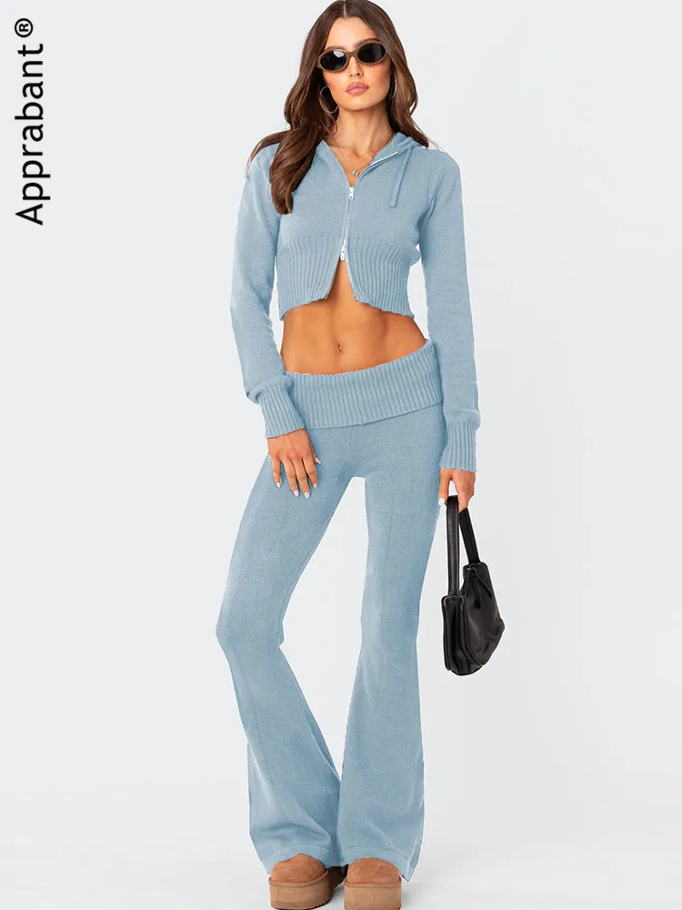 Apprabant Casual Knitted Sweatshirt Set Women Zipper Lace Up Hoodies+Pants Two Piece Sets Fashion Streetwear Blue Trouser Suits