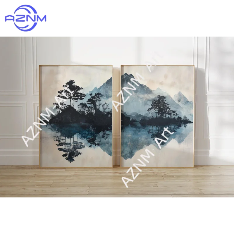 1/2Pcs Blue Wall Art Set of 2, Lake & Mountain Diptych Poster Art, Natura Lover Wall Decor