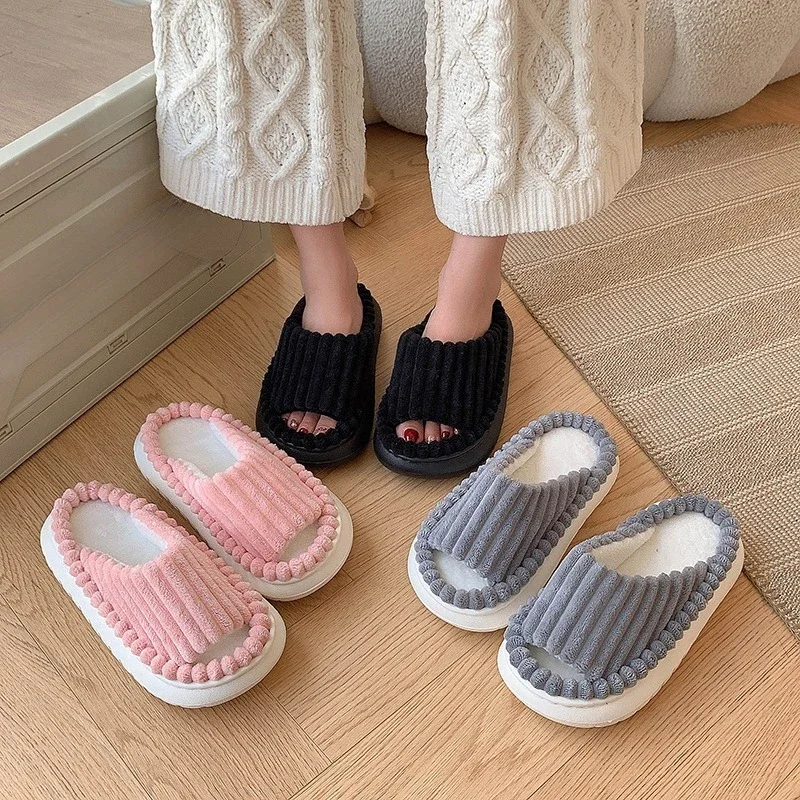 Winter Women Fashion Plush Slippers Open Toe Soft Sole Fluffy House Shoes Woman Indoor Comfort Warm Faux Fur Home Slippers - view 4