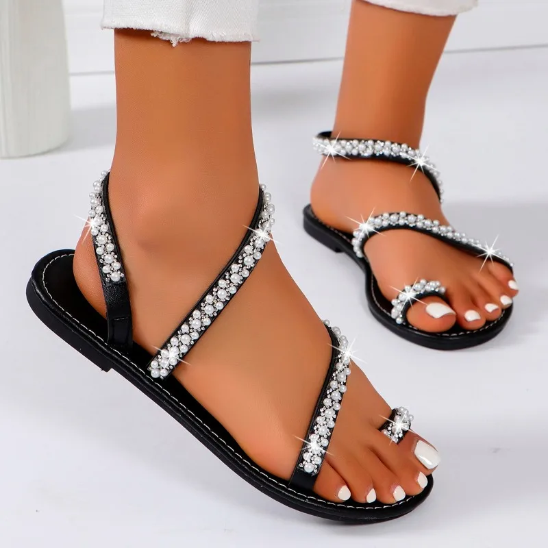 2024 Mode Schuhe für Frauen Set Zehen Damen Sandalen neue String Perle Kristall Kleid Sandalen Frauen Sommer flache Sandalen Zapatos