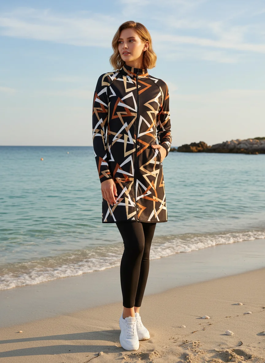 

2 шт./компл. буркини Femme musulmane, облегающий топ с принтом, спортивная одежда, эластичные брюки, защита от ультрафиолета UPF50 (топ + брюки)