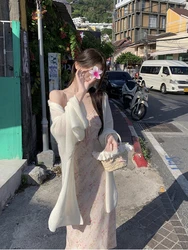 Elegant Floral Midi Dress + Casual Blouse Korean Fashion 2 Piece Dress Set Female Chic Outwear Beach Style Fashion Suits Chic