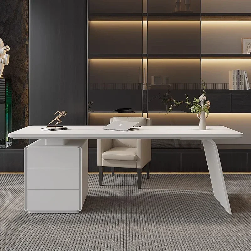 โต๊ะทำงานดีไซน์ทันสมัยสีขาว พร้อมเก้าอี้เก็บของ โต๊ะทำงานแบบยืนสำหรับผู้บริหาร โต๊ะคอมพิวเตอร์สำหรับห้องนอน เฟอร์นิเจอร์สำนักงาน/บ้าน