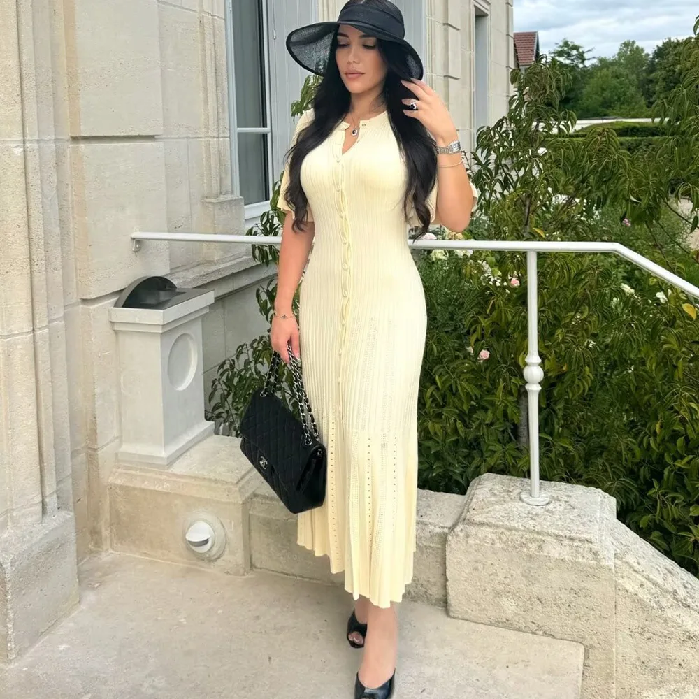 Robe tricotée élégante, ajourée, manches courtes, mi-longue, taille haute, Slim, Patchwork, simple boutonnage, pour dames, nouvelle collection