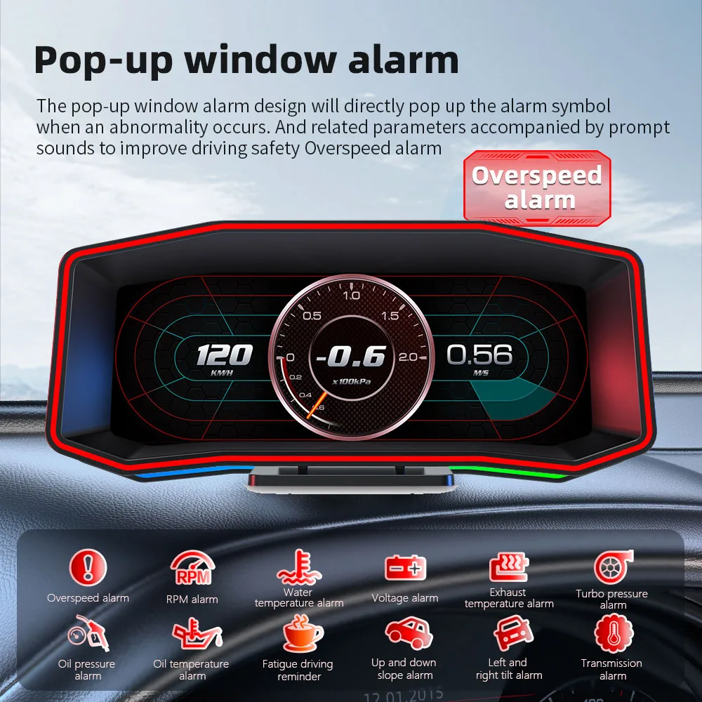 P4 Car Head Up Display OBD+GPS HUD Digital Speedometer Tachometer Water Temperature Volt Overspeed Turbo Pressure Alarm Custom