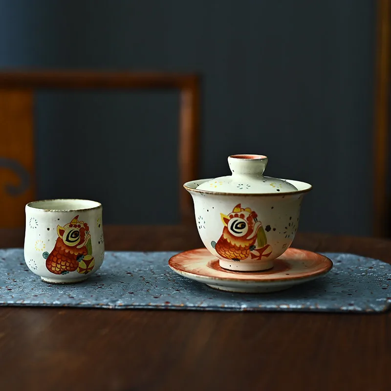 Jingdezhen Retro Stoneware Hand-Painted Lion Gaiwan Single Festive Tea Brewing Bowl 150ml