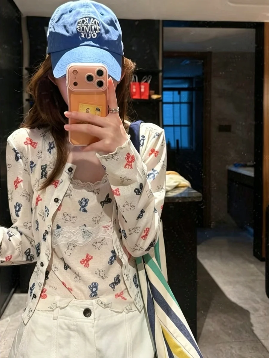 plus Size Summer Fashion Set with Contrast Color Print Bear Design Slimming Strap Cardigan Two-Piece Women's Clothing