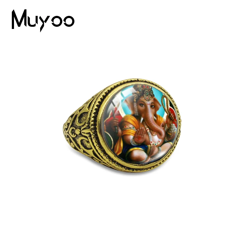 Vintage Ganesha Statue Hindu Ganapati Vinayaka God Antique Dome Fashion Mens Gifts Rings Jewelry Accessory