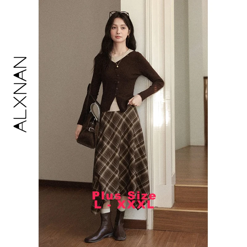 

ALXNAN женская юбка больших размеров в клетку с высокой талией, неровный подол, трапециевидной формы, осень 2022, тонкие женские нежные женские длинные юбки D13162