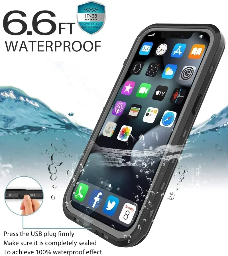 

Full Sealed Clear IP68 Waterproof Case For iPhone 16 15 14 Plus 13 12 11 Pro Max Mini XS XR X Shockproof Cover Screen Protector