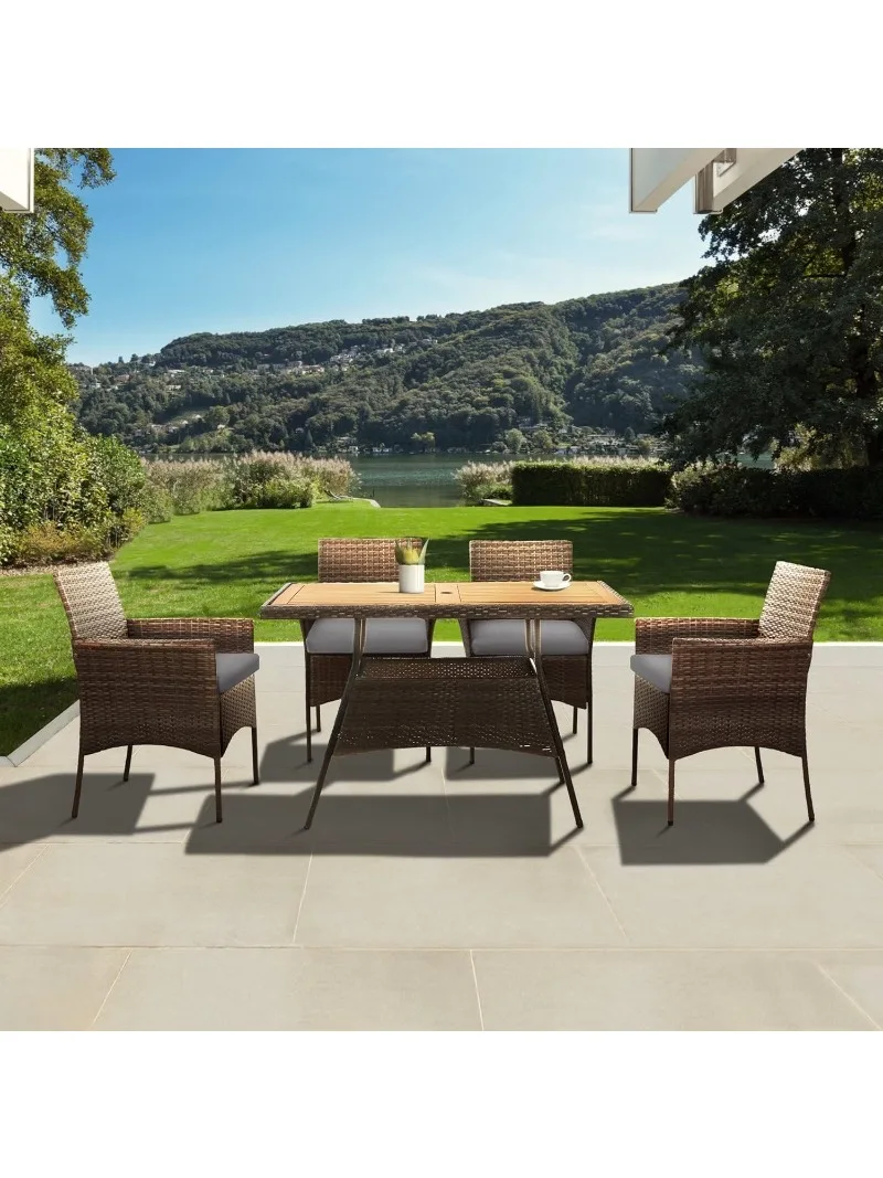 Home Outdoor PE Rattan Dining Set for Four, Removable Water-Resistant Cushions, Acadia Wood-Slated Table Top for Patios