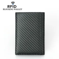 Cartera de fibra de carbono con logotipo personalizado para hombre, billetera sólida de gran capacidad con bloqueo RFID, billetera de cuero de vaca con Triple pliegue, múltiples tarjetas