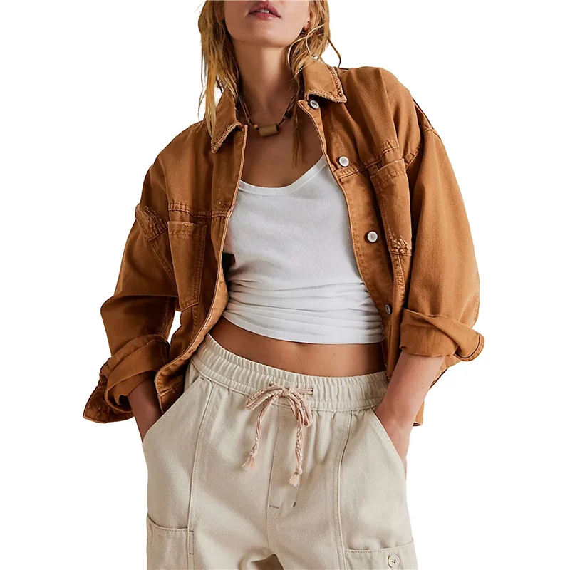 

Женская свободная джинсовая куртка с длинными рукавами и лацканами