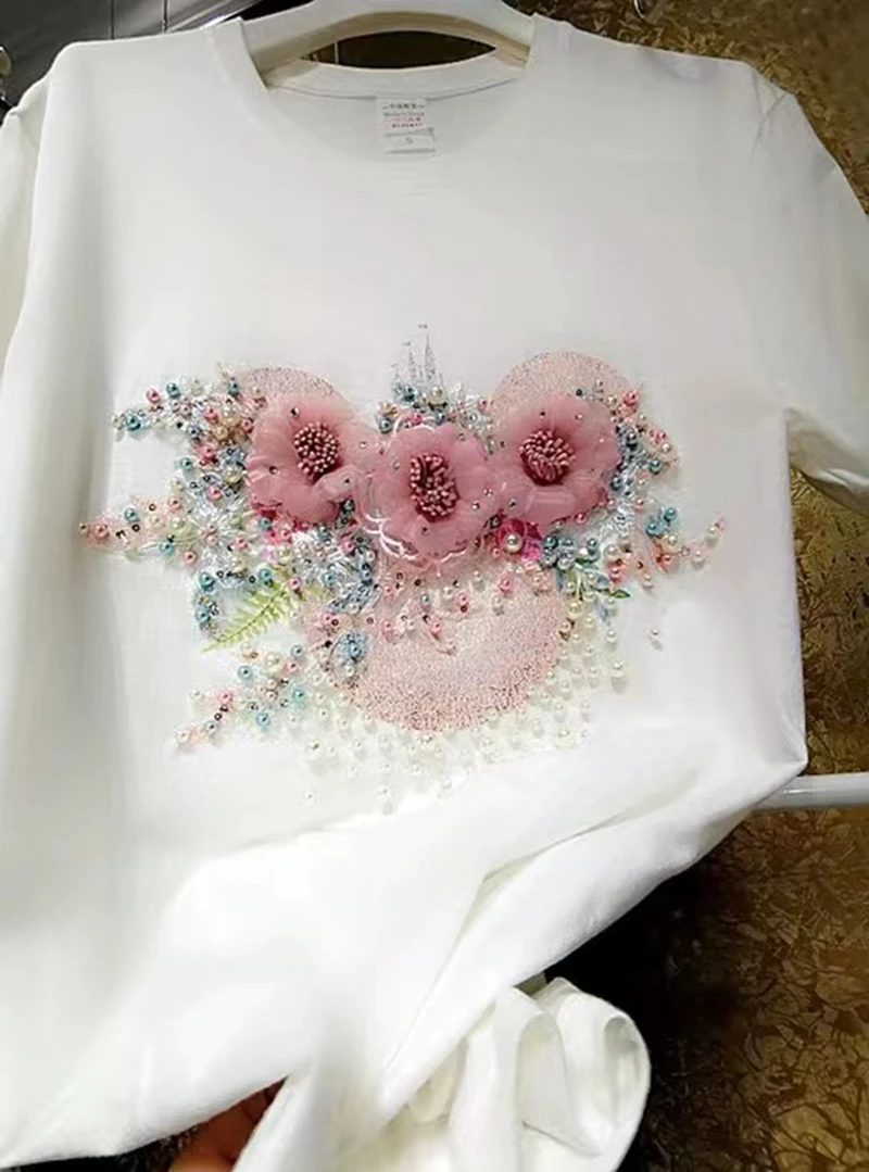 Luxury Pearls Beads Embroidery T Shirts For 2024 Summer Tee Tops High Quality Cotton Short Sleeve White Tshirt  Woman Clothing