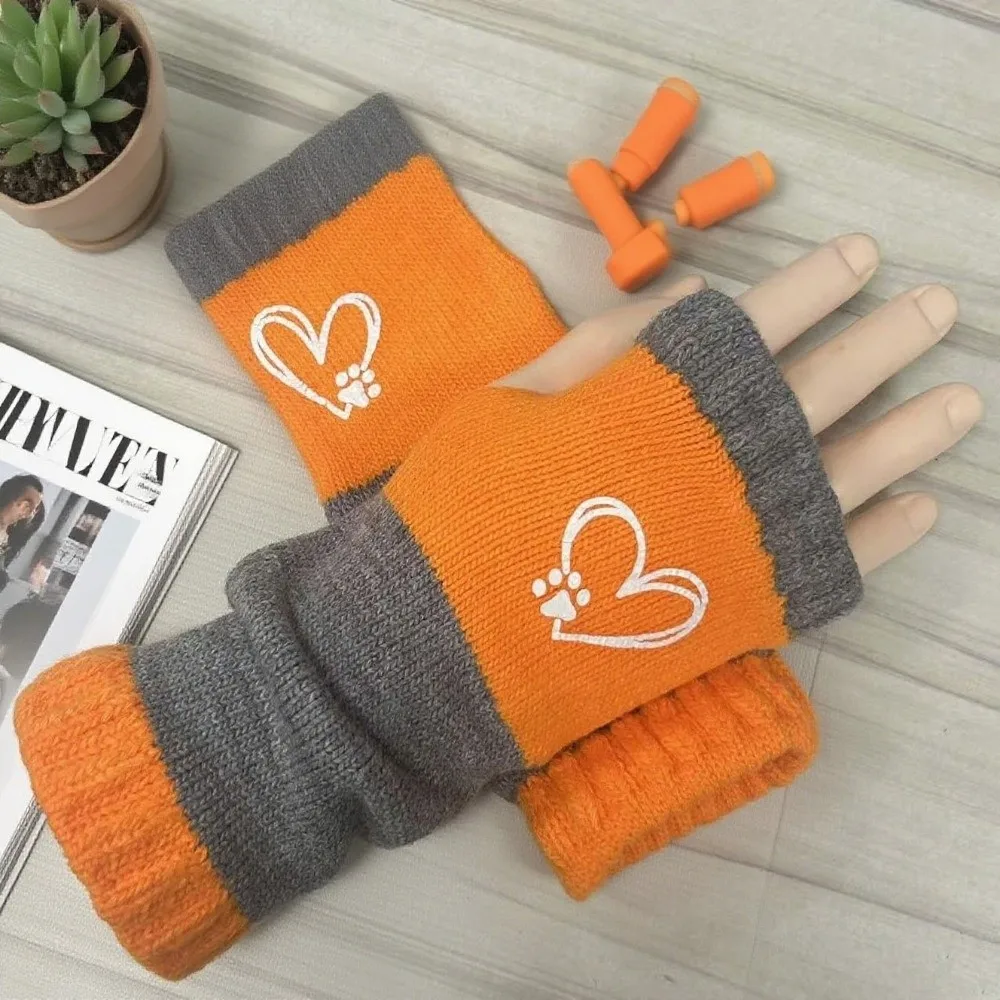 Elastic Cuffs Fingerless Gloves Trendy Heart Printed Gloves Sleeve Covers Paw Print Thickened Knitted Decorative Gloves Skiing