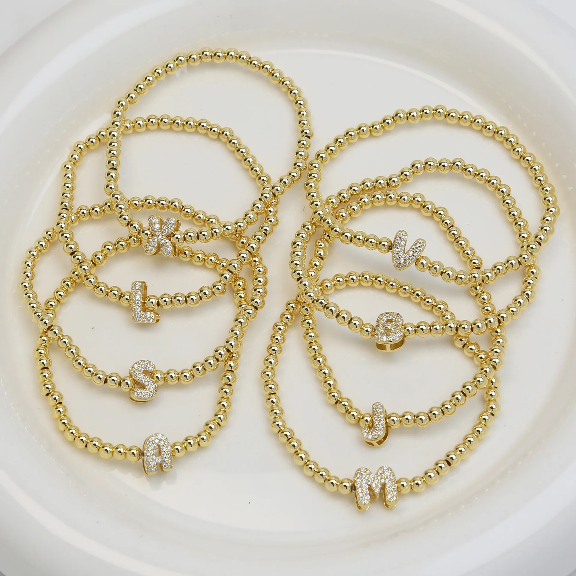 Vintage Zirconia Initials Letters Bracelet Gold Plated 26 A-Z Letters Copper Beads Elastic Beaded Bracelet Women Jewelry