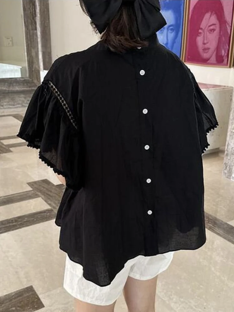 Chic été ample rond Ne plissé Ba bouton unique Fly Sve irt haut pour femme trajet Sle ort Sve