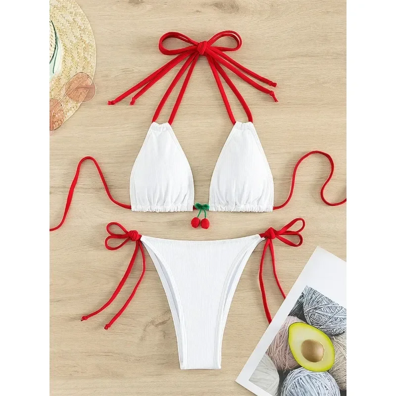 Sexy Strawberry Designer Bikini  Women White Contrast Push Up Swimsuit Brazilian Bandage Bathing Suit Micro Swimwear