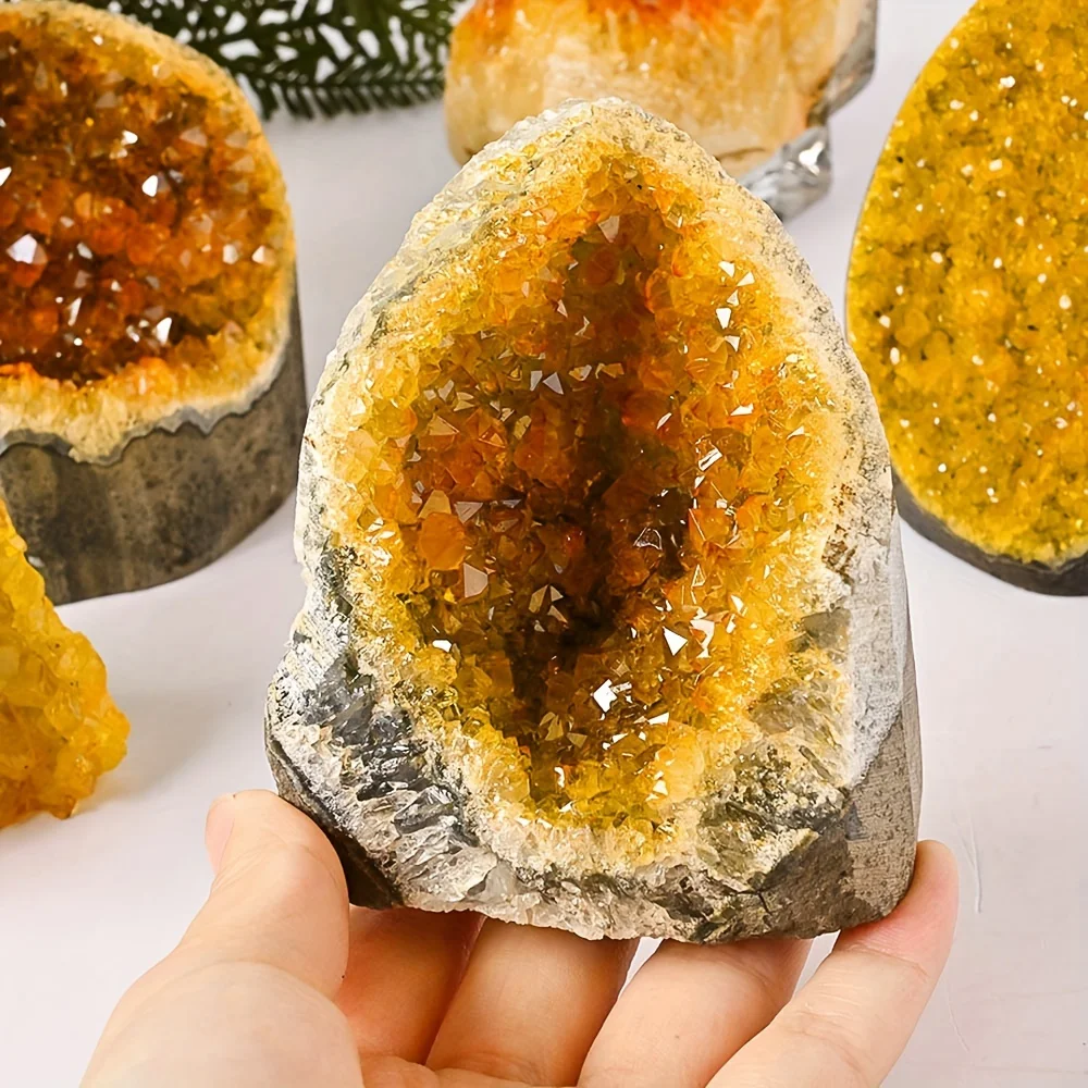 1 Géode de cristal de quartz naturel - Cluster de cristal jaune rare avec inclusions naturelles, spécimen minéral électroplaqué poli à la main