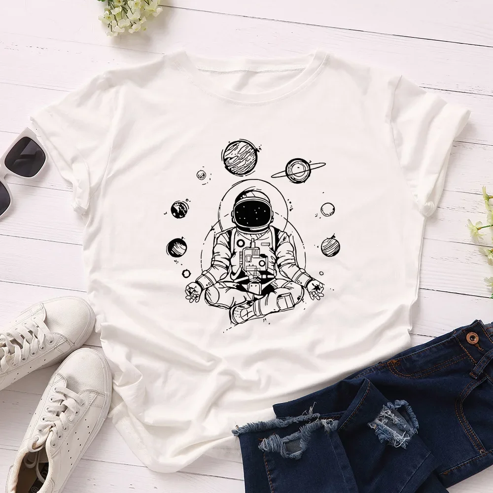 JFUNCY Summer Women T-shirt Creative Space Astronaut Print Short Sleeve Tops 100% Cotton Woman Tshirt  Loose Female Tees
