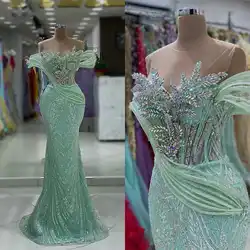 Elegant Mint Green Mermaid Evening Dresses Sheer Jewel Neck Beaded Crystals Prom Gowns Birthday Special Occasion Dress