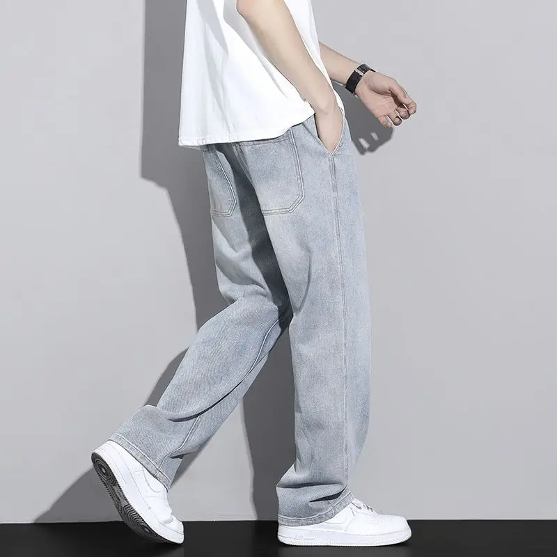 Men's Straight Leg Jeans American High Street High-quality Drawstring Design Daily Casual Loose Pants Washed Polished White view 5