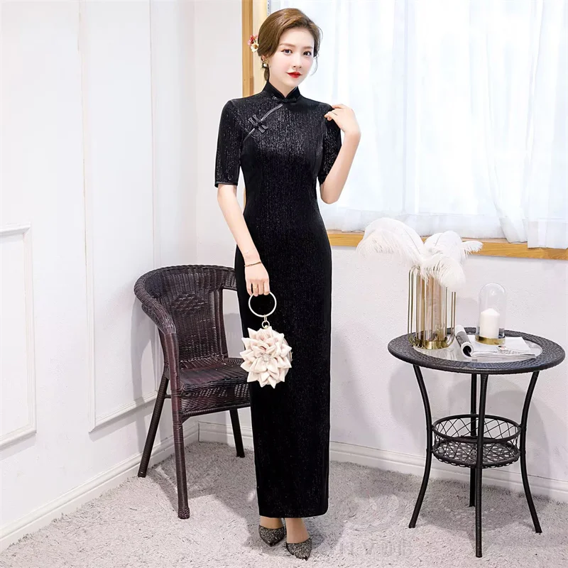S- 6XLNew Cheongsam Gold Velvet Long Dress Women Retro Chinese Style Spring Autumn Elegant Paryt Maxi Dresses Mother Vestidos