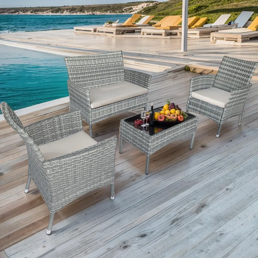 Set di mobili da terrazza da 4 pezzi, divano doppio in rattan, set per reception da esterno, dotato di tavolino da caffè e morbidi cuscini