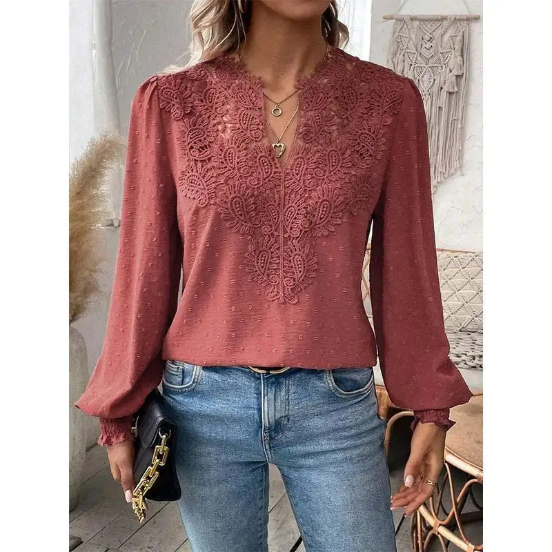 

Long Sleeve Lace Top Women's Fashion Spring 2026 V Neck Crossbody Sve Shirt Other Style Other Fabric 100% New Arrivals