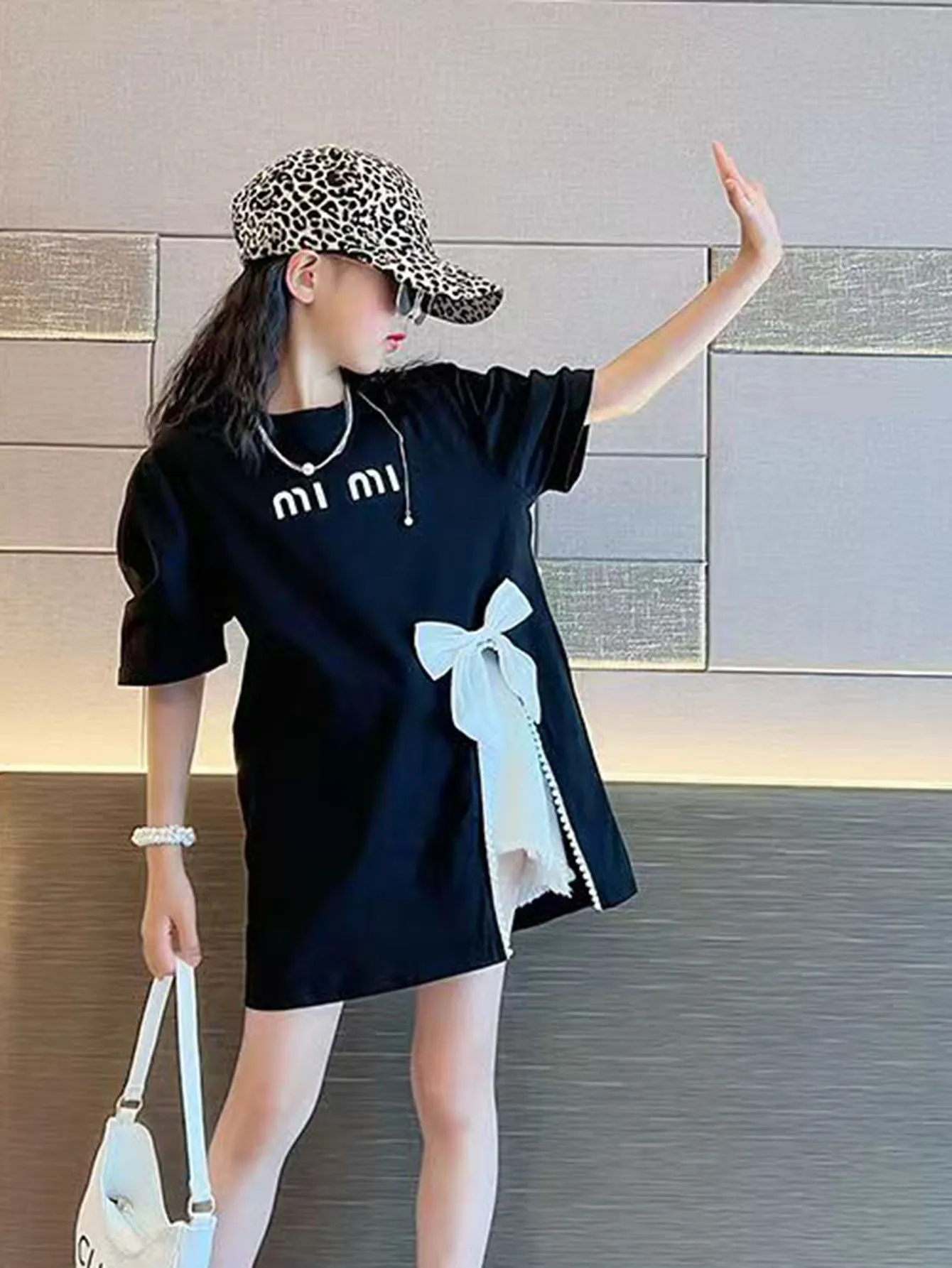 Chic Summer Street Style Mid-Length Girls' T-Shirt, Bow-embellished slit design Children tops for Tween Girl 3-12 Years image 4