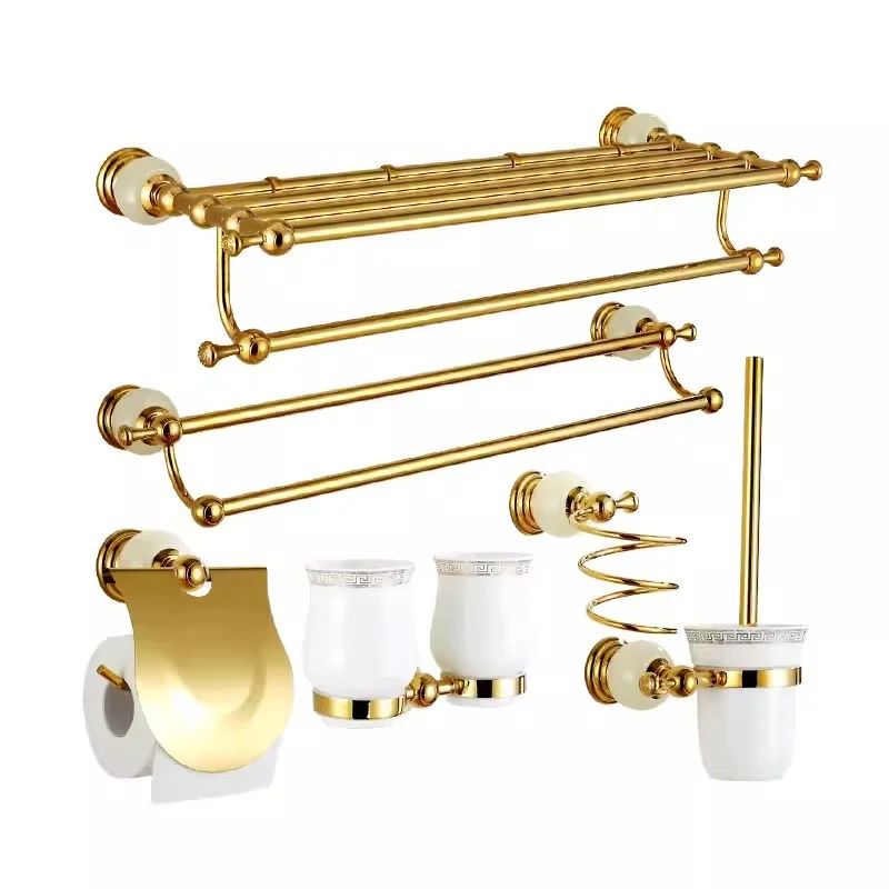 

Bathroom Accessories Set Brass & Jade Base Towel Rack Tissue Rack Corner Shelf Toilet Brush Holder Clothes Hooks Bath Hardware