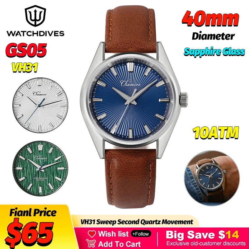 

Кварцевые наручные часы Watchdives GS05 с механизмом VH31, сапфировым стеклом, водонепроницаемостью до 100 м, кожаным ремешком, мужские, 40 мм, винтажные часы