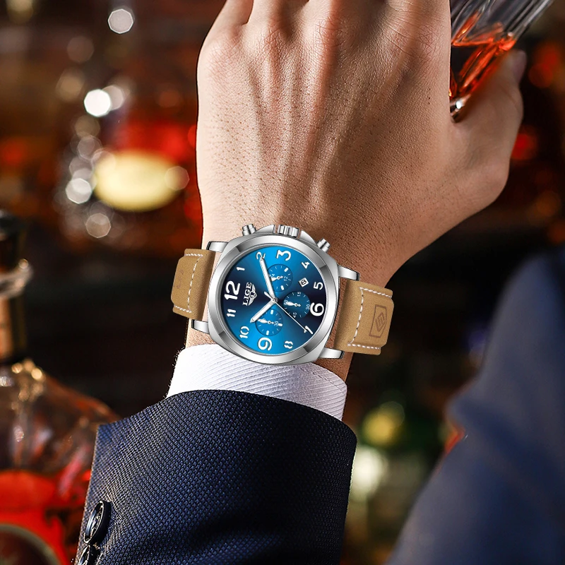 LIGE Casual Outdoor Quartz Man Watch Fashion Sport Waterproof Luminous Auto Date Leather Strap Wristwatch for Men Male Gifts Box - view 5