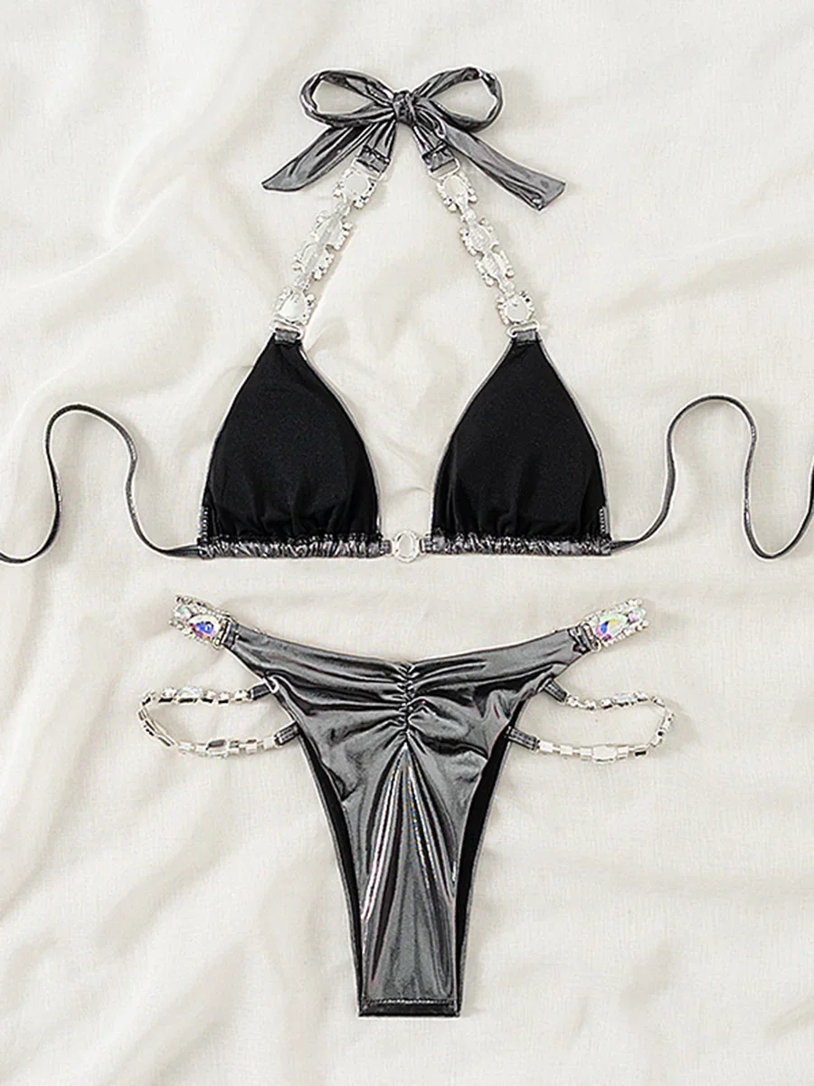 Maillot de bain deux pièces en cuir PU pour femme, bikini brésilien imbibé de biscuits et de diamants