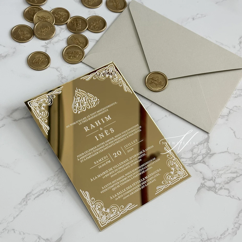 

Mirror Acrylic Wedding Invitation, Gold/ Silver/ Rose Gold/ Brown Mirror, Custom Design Invites with Envelope, Noble and Elegant