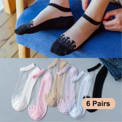 6 Pairs Women Socks Summer New Flower Lace Ankle Socks Soft Silk Thin Transparent Socks Solid Cute Socks