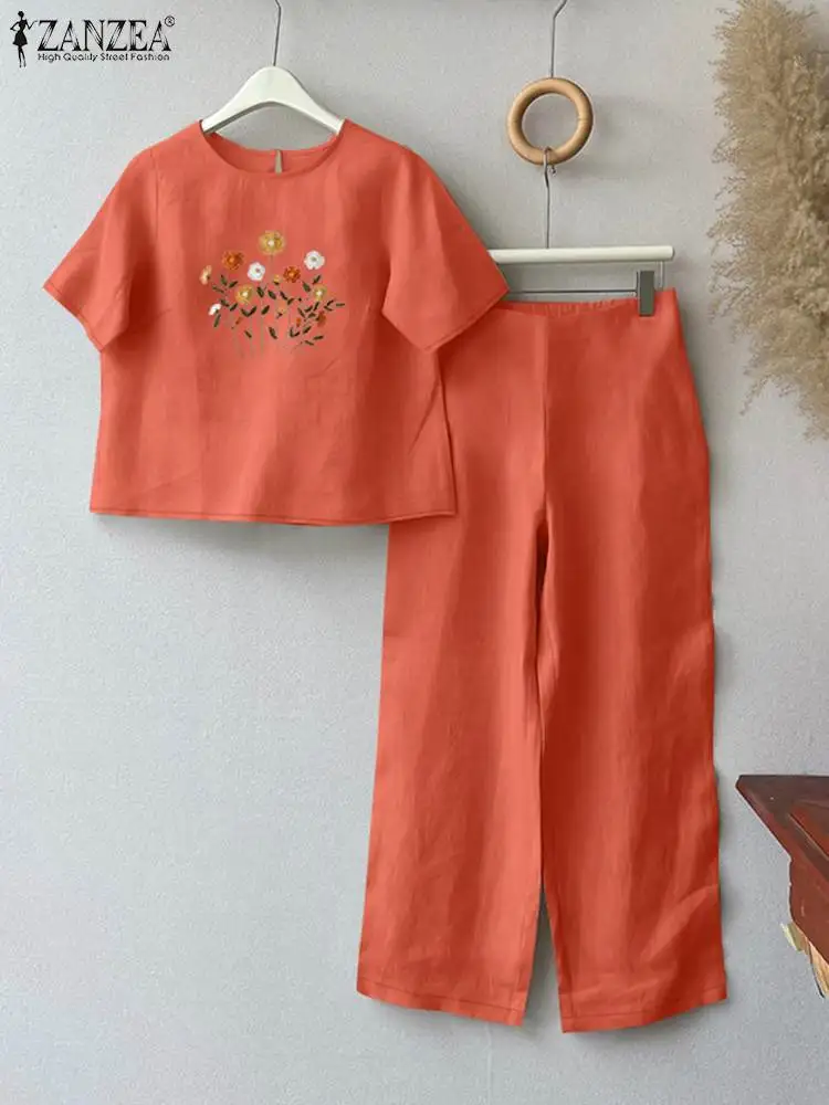 ZANZEA Summer Fashion Short Sleeve Embroidery Blouse Pants Sets 2PCS Women Matching Sets Casual Trousers Suits Loose Tracksuit