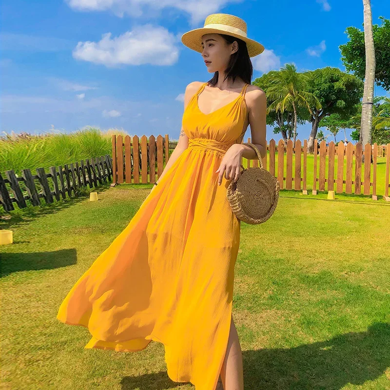 Summer New Hainan Sanya Yellow Beach Dress Women's Open-Back Sexy Tank Dress For Vacation Beach Outfits