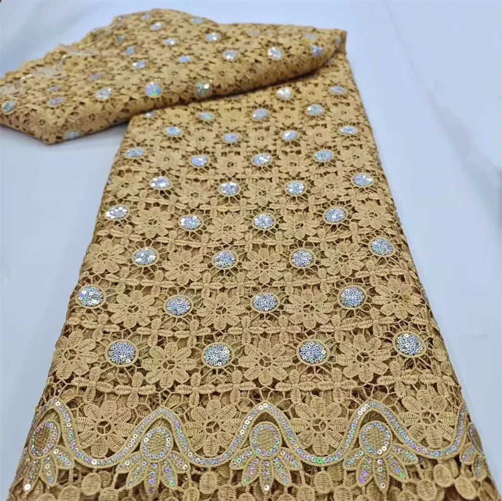 

Latest African Guipure Cord Lace Fabric With Sequins High Quality Nigerian Water Soluble Embroidery Materials For Dress DW32