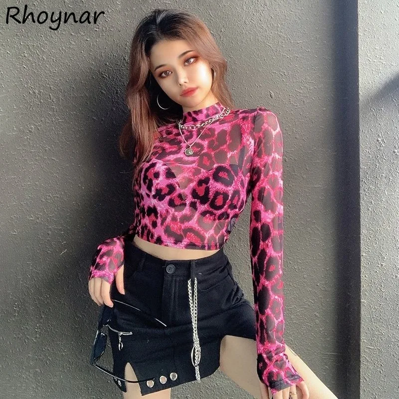 Camisetas de leopardo de manga larga para mujer, Tops cortos sexys de cuello alto, camisetas informales de malla para mujer, ropa de calle ajustada que combina con todo, ropa dulce y acogedora