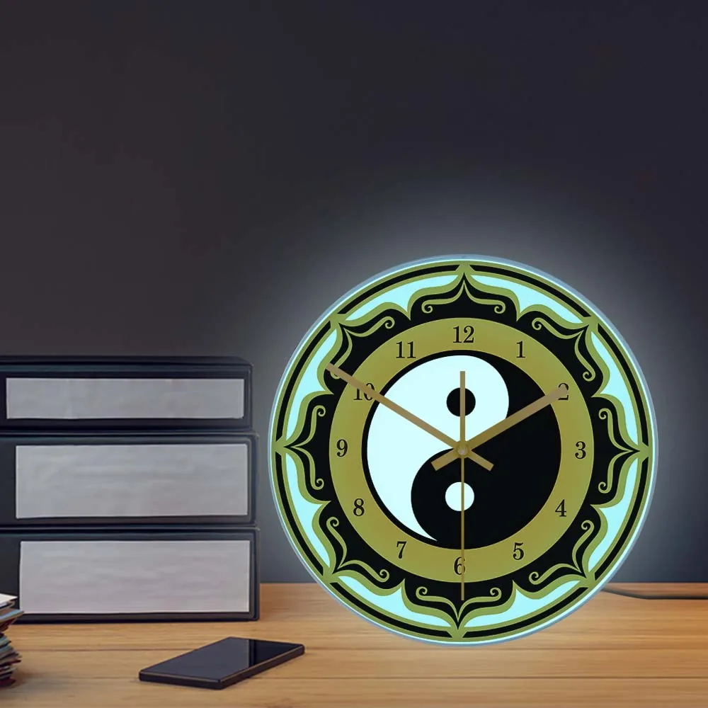 Imagem -06 - Yin Yang Símbolo Tai Chi Led Night Light Relógio de Parede para Sala de Estar Taoist Chinês Oito-diagrama de Decoração para Casa Iluminado Relógio